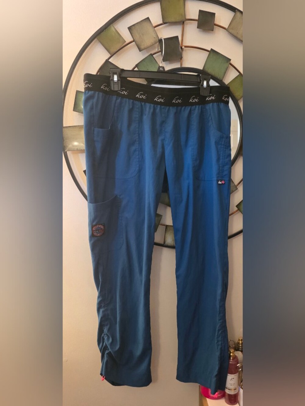KOI Lite Womens Drawstring Scrub Pants In Caribbean Blue, Size LG Petite